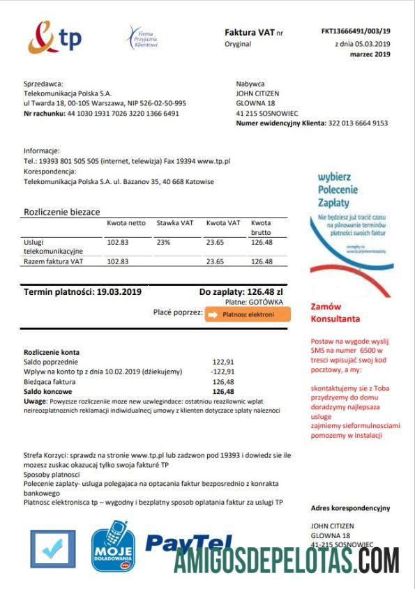 Em branco modelo de conta de serviços públicos TP da Polônia em formato Word e PDF